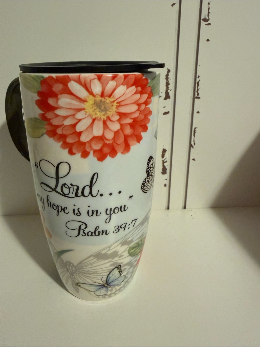 Floral Scripture Travel Mug with Red Flower